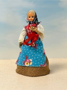 Vintage Eastern European Folk Costume Souvenir Doll Straw Base Floral Dress 6”